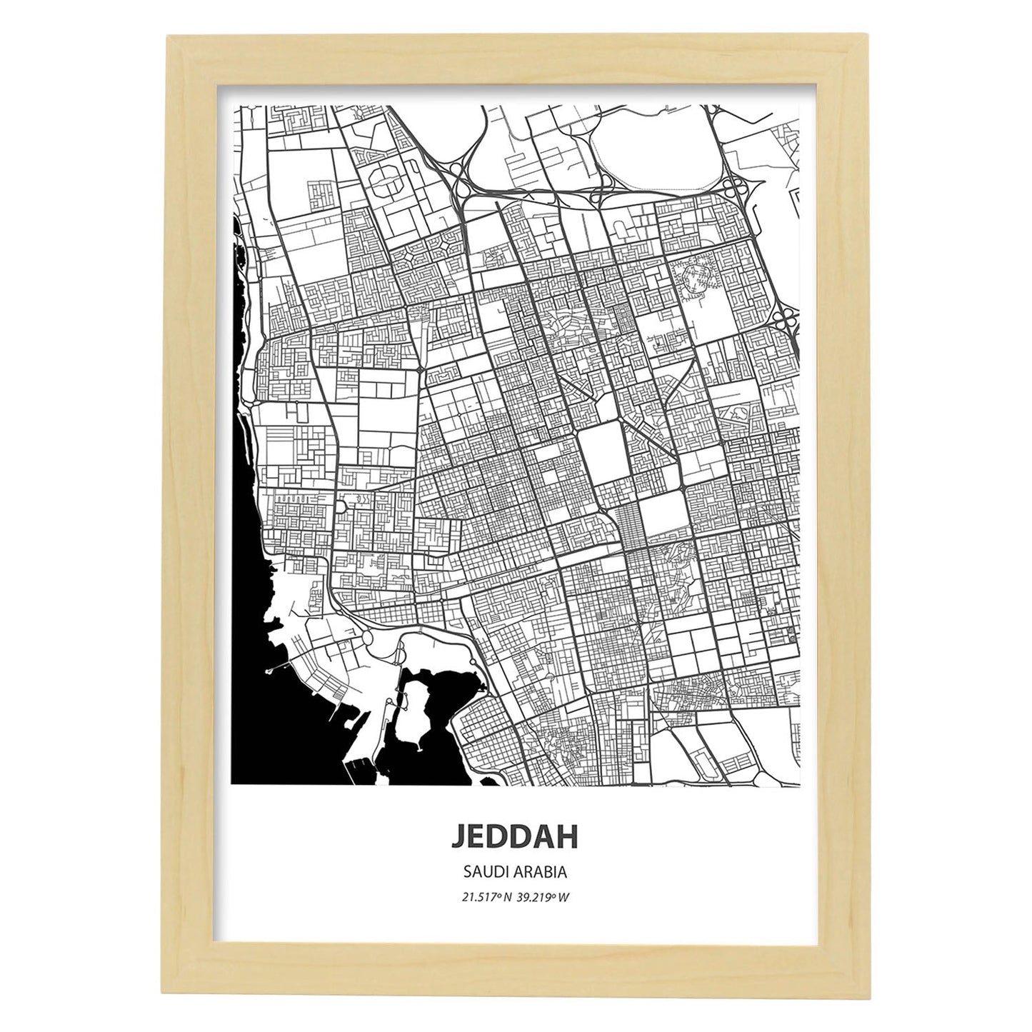 Poster con mapa de Jeddah - Arabia Saudi. Láminas de ciudades de Oriente Medio con mares y ríos en color negro.-Artwork-Nacnic-A3-Marco Madera clara-Nacnic Estudio SL