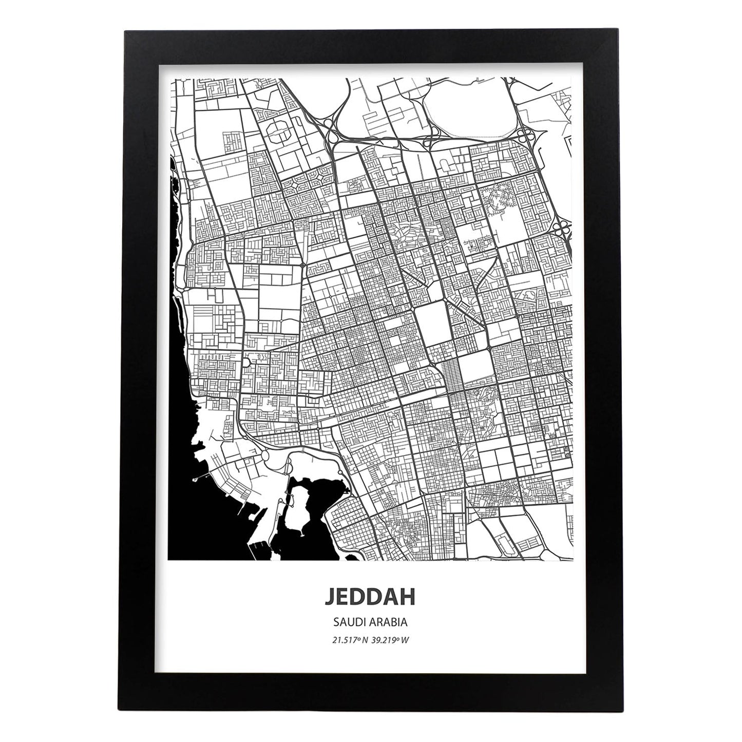 Poster con mapa de Jeddah - Arabia Saudi. Láminas de ciudades de Oriente Medio con mares y ríos en color negro.-Artwork-Nacnic-A3-Marco Negro-Nacnic Estudio SL