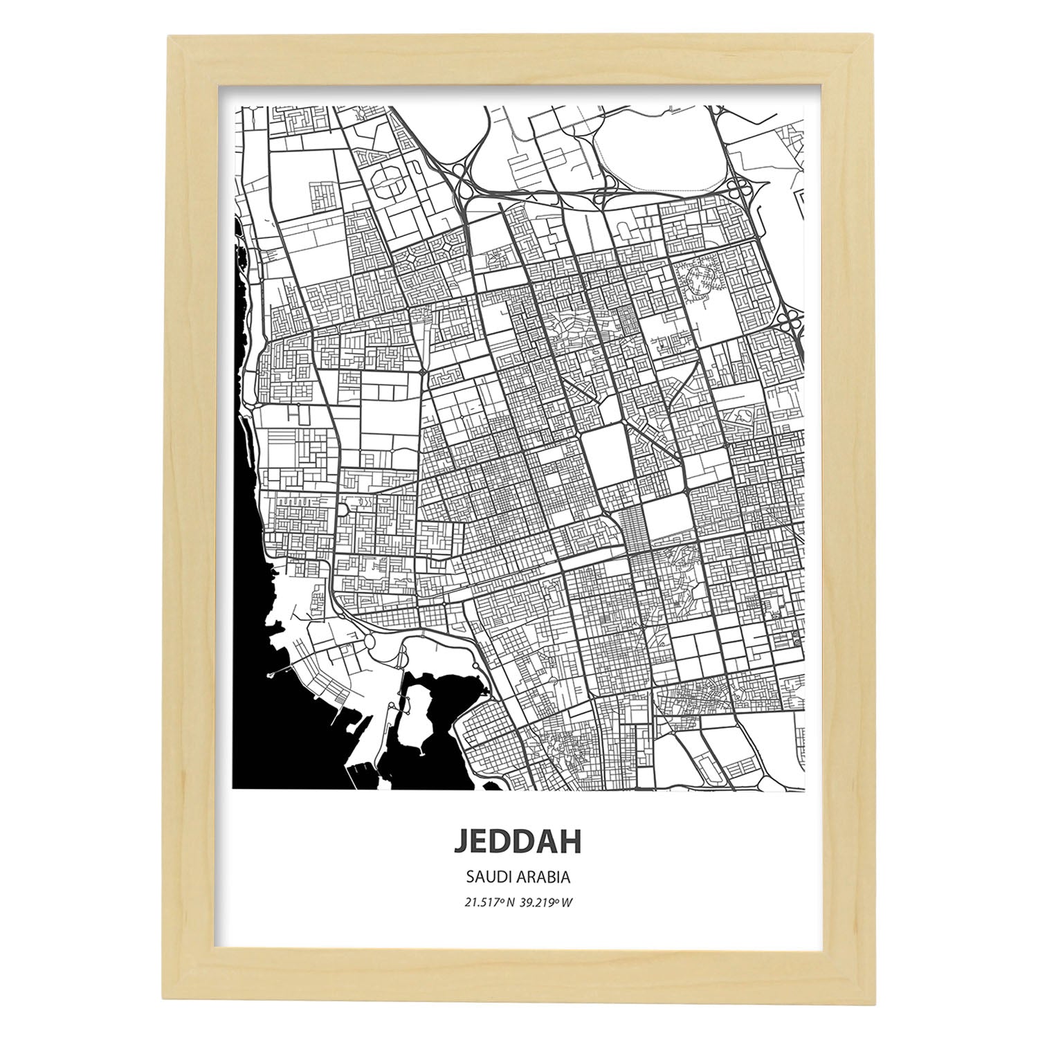 Poster con mapa de Jeddah - Arabia Saudi. Láminas de ciudades de Oriente Medio con mares y ríos en color negro.-Artwork-Nacnic-A4-Marco Madera clara-Nacnic Estudio SL