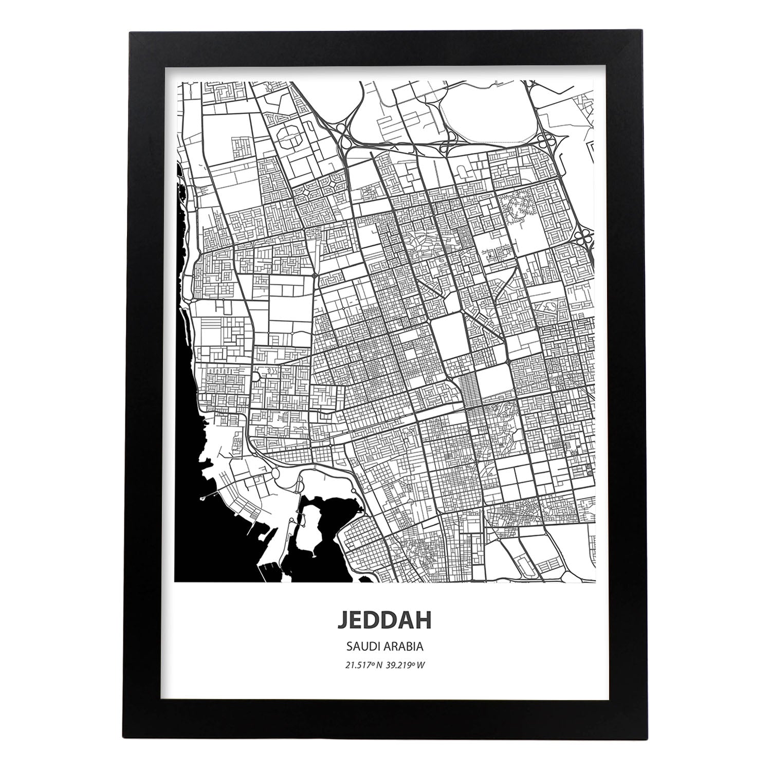 Poster con mapa de Jeddah - Arabia Saudi. Láminas de ciudades de Oriente Medio con mares y ríos en color negro.-Artwork-Nacnic-A4-Marco Negro-Nacnic Estudio SL
