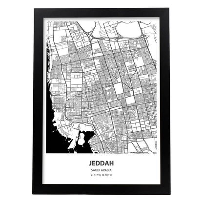 Poster con mapa de Jeddah - Arabia Saudi. Láminas de ciudades de Oriente Medio con mares y ríos en color negro.-Artwork-Nacnic-A4-Marco Negro-Nacnic Estudio SL