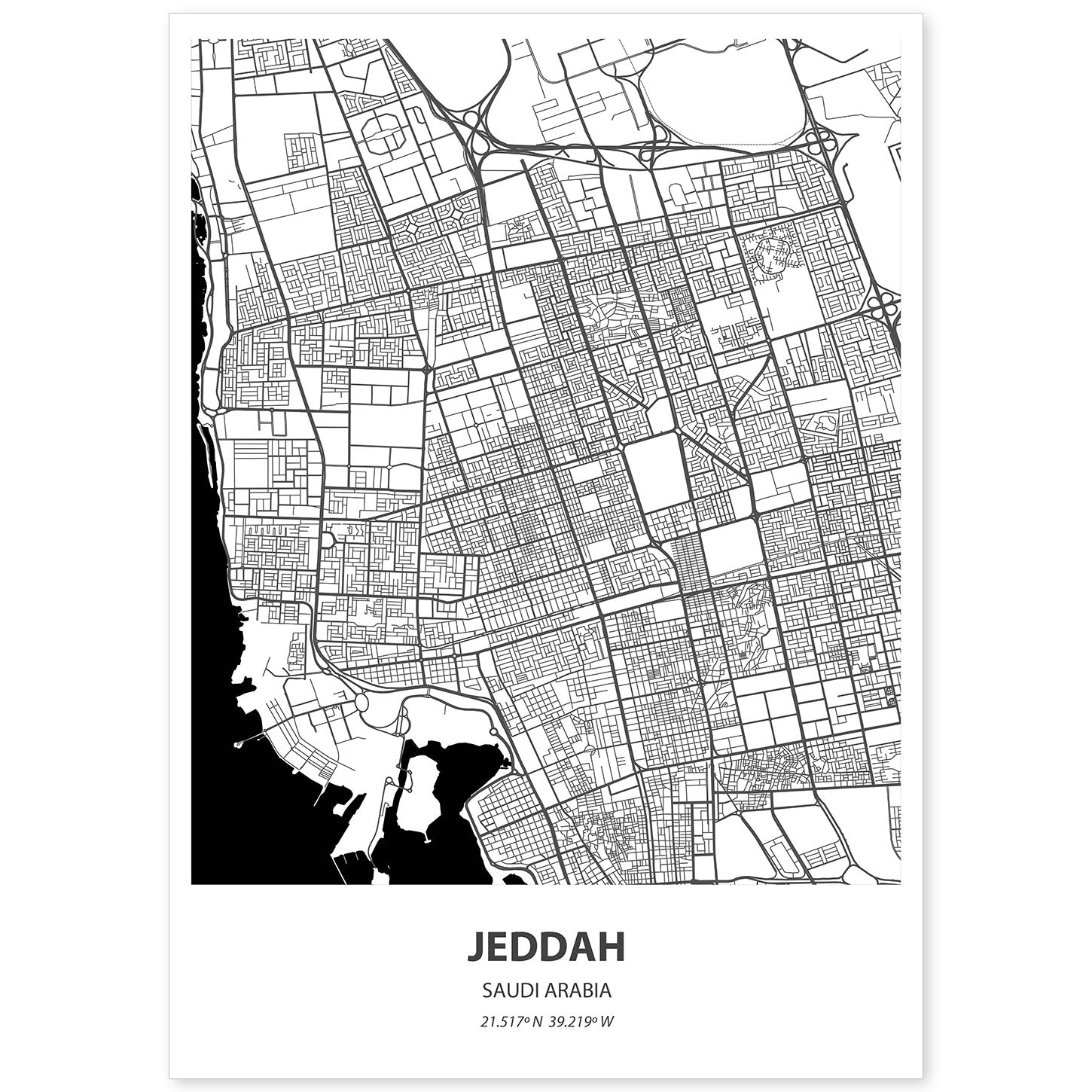 Poster con mapa de Jeddah - Arabia Saudi. Láminas de ciudades de Oriente Medio con mares y ríos en color negro.-Artwork-Nacnic-A4-Sin marco-Nacnic Estudio SL
