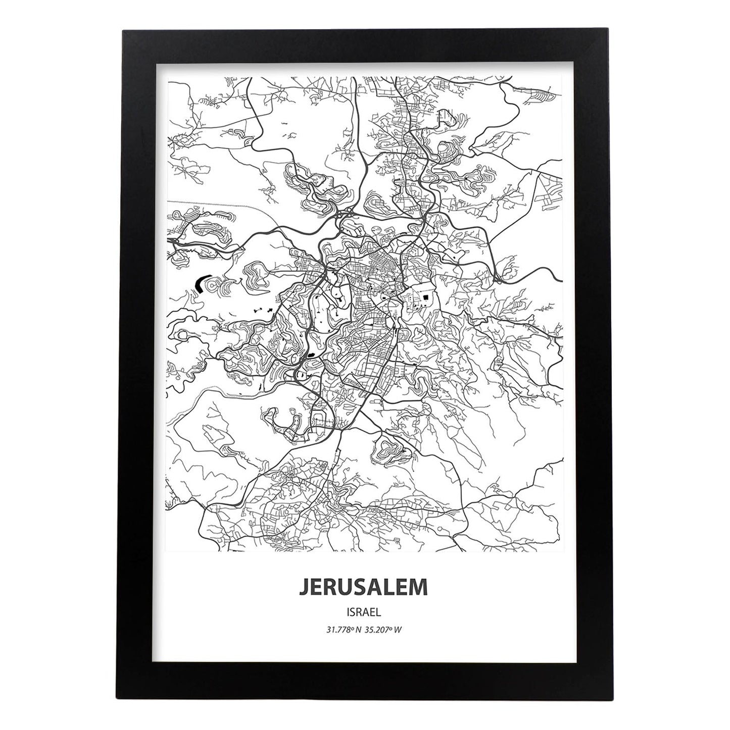 Poster con mapa de Jerusalem - Israel. Láminas de ciudades de Oriente Medio con mares y ríos en color negro.-Artwork-Nacnic-A3-Marco Negro-Nacnic Estudio SL