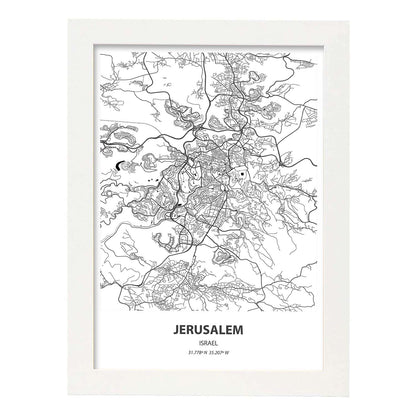 Poster con mapa de Jerusalem - Israel. Láminas de ciudades de Oriente Medio con mares y ríos en color negro.-Artwork-Nacnic-A4-Marco Blanco-Nacnic Estudio SL