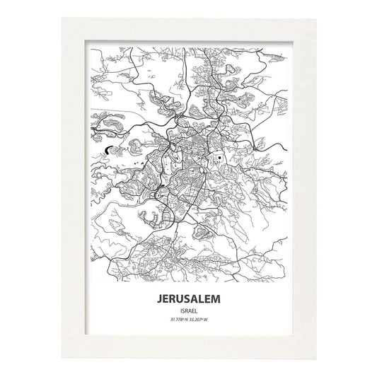 Poster con mapa de Jerusalem - Israel. Láminas de ciudades de Oriente Medio con mares y ríos en color negro.-Artwork-Nacnic-A4-Marco Blanco-Nacnic Estudio SL