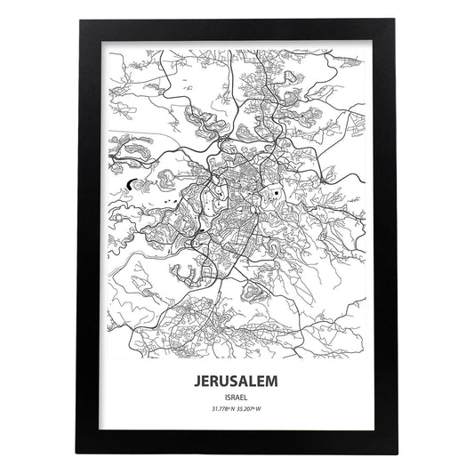 Poster con mapa de Jerusalem - Israel. Láminas de ciudades de Oriente Medio con mares y ríos en color negro.-Artwork-Nacnic-A4-Marco Negro-Nacnic Estudio SL