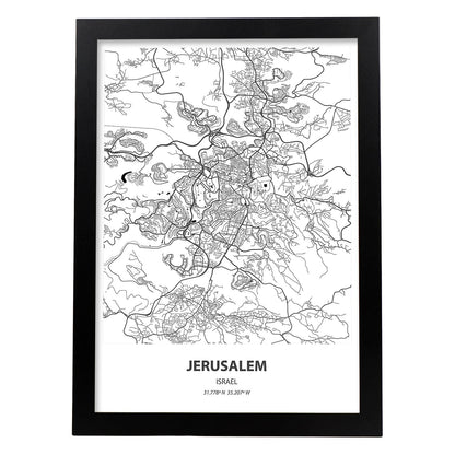 Poster con mapa de Jerusalem - Israel. Láminas de ciudades de Oriente Medio con mares y ríos en color negro.-Artwork-Nacnic-A4-Marco Negro-Nacnic Estudio SL