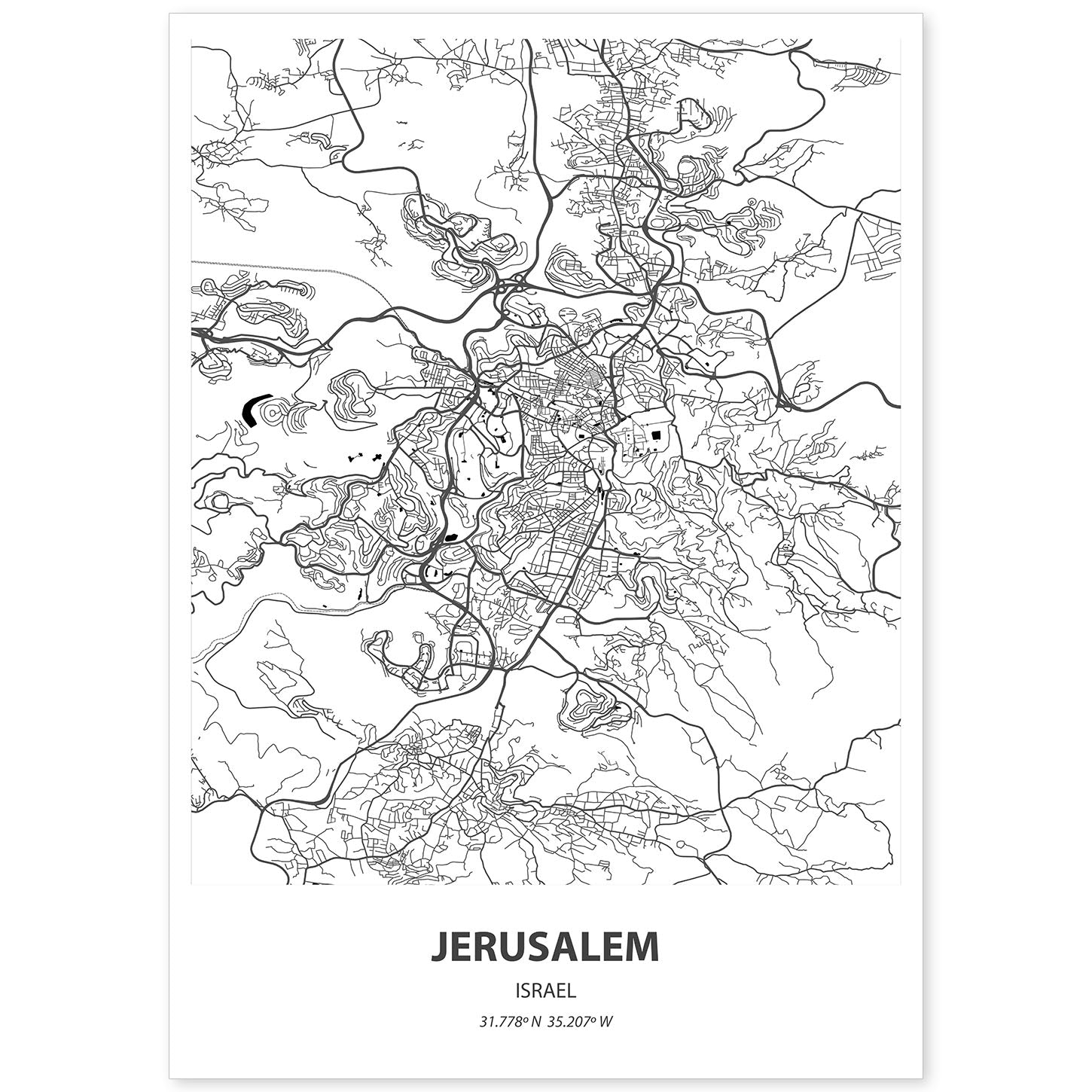 Poster con mapa de Jerusalem - Israel. Láminas de ciudades de Oriente Medio con mares y ríos en color negro.-Artwork-Nacnic-A4-Sin marco-Nacnic Estudio SL