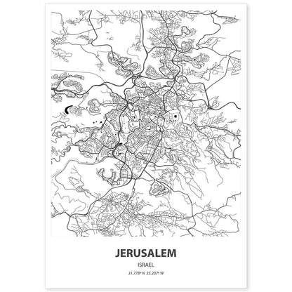 Poster con mapa de Jerusalem - Israel. Láminas de ciudades de Oriente Medio con mares y ríos en color negro.-Artwork-Nacnic-A4-Sin marco-Nacnic Estudio SL