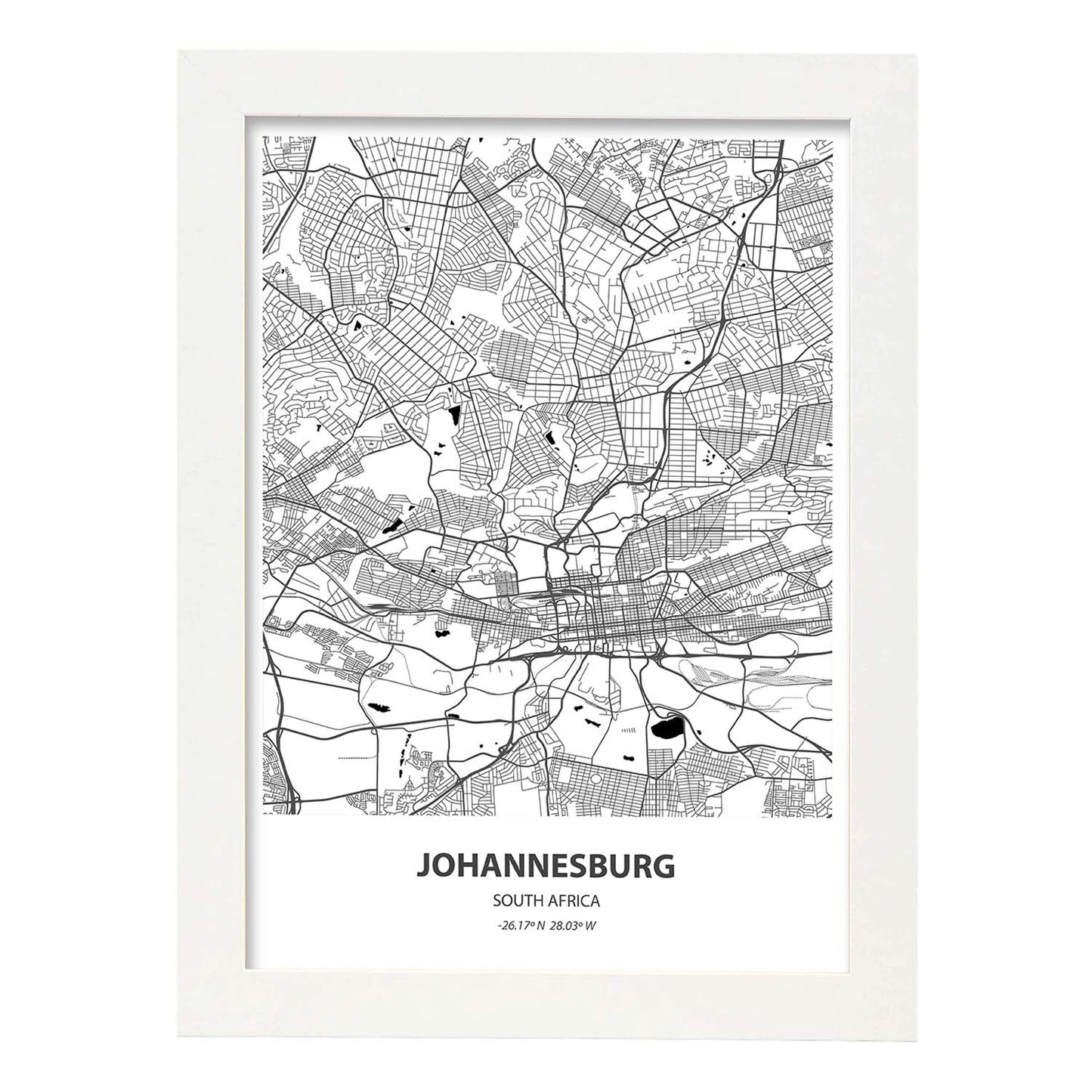 Poster con mapa de Johannesburg - Sudáfrica. Láminas de ciudades de África con mares y ríos en color negro.-Artwork-Nacnic-A3-Marco Blanco-Nacnic Estudio SL