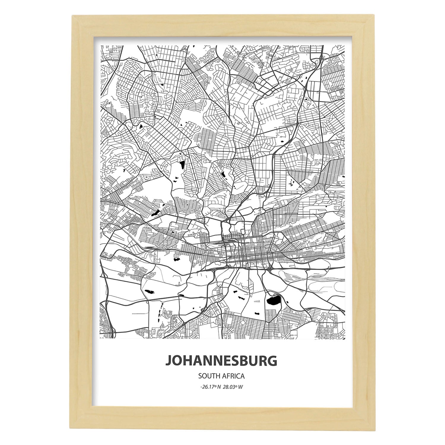 Poster con mapa de Johannesburg - Sudáfrica. Láminas de ciudades de África con mares y ríos en color negro.-Artwork-Nacnic-A3-Marco Madera clara-Nacnic Estudio SL