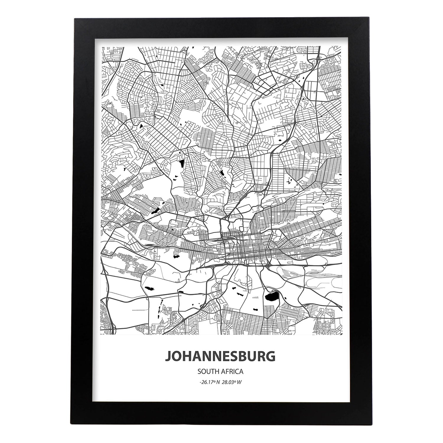 Poster con mapa de Johannesburg - Sudáfrica. Láminas de ciudades de África con mares y ríos en color negro.-Artwork-Nacnic-A3-Marco Negro-Nacnic Estudio SL