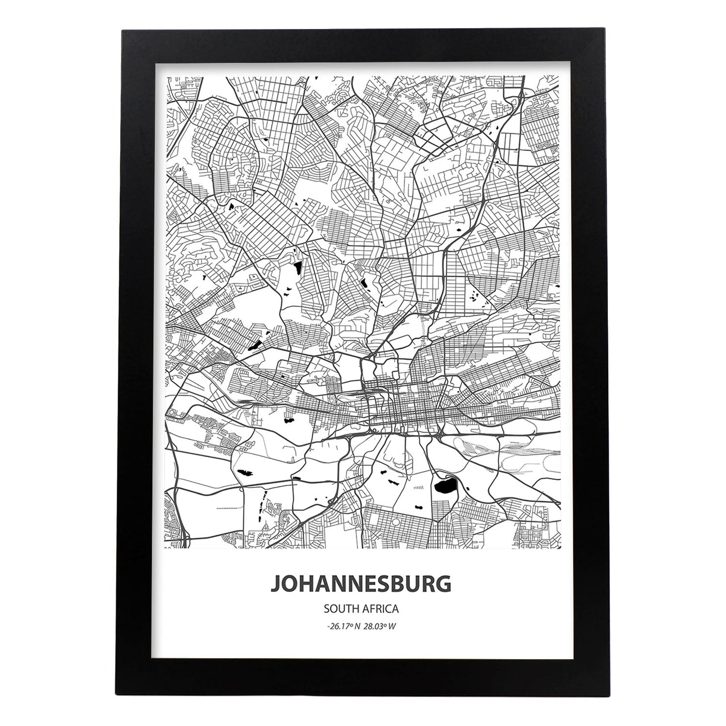 Poster con mapa de Johannesburg - Sudáfrica. Láminas de ciudades de África con mares y ríos en color negro.-Artwork-Nacnic-A4-Marco Negro-Nacnic Estudio SL