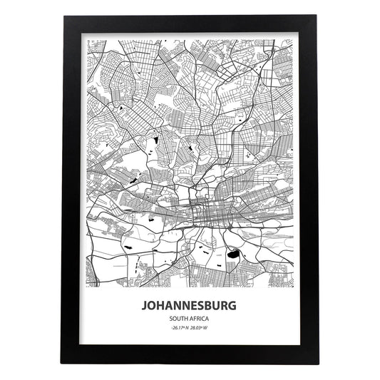 Poster con mapa de Johannesburg - Sudáfrica. Láminas de ciudades de África con mares y ríos en color negro.-Artwork-Nacnic-A4-Marco Negro-Nacnic Estudio SL