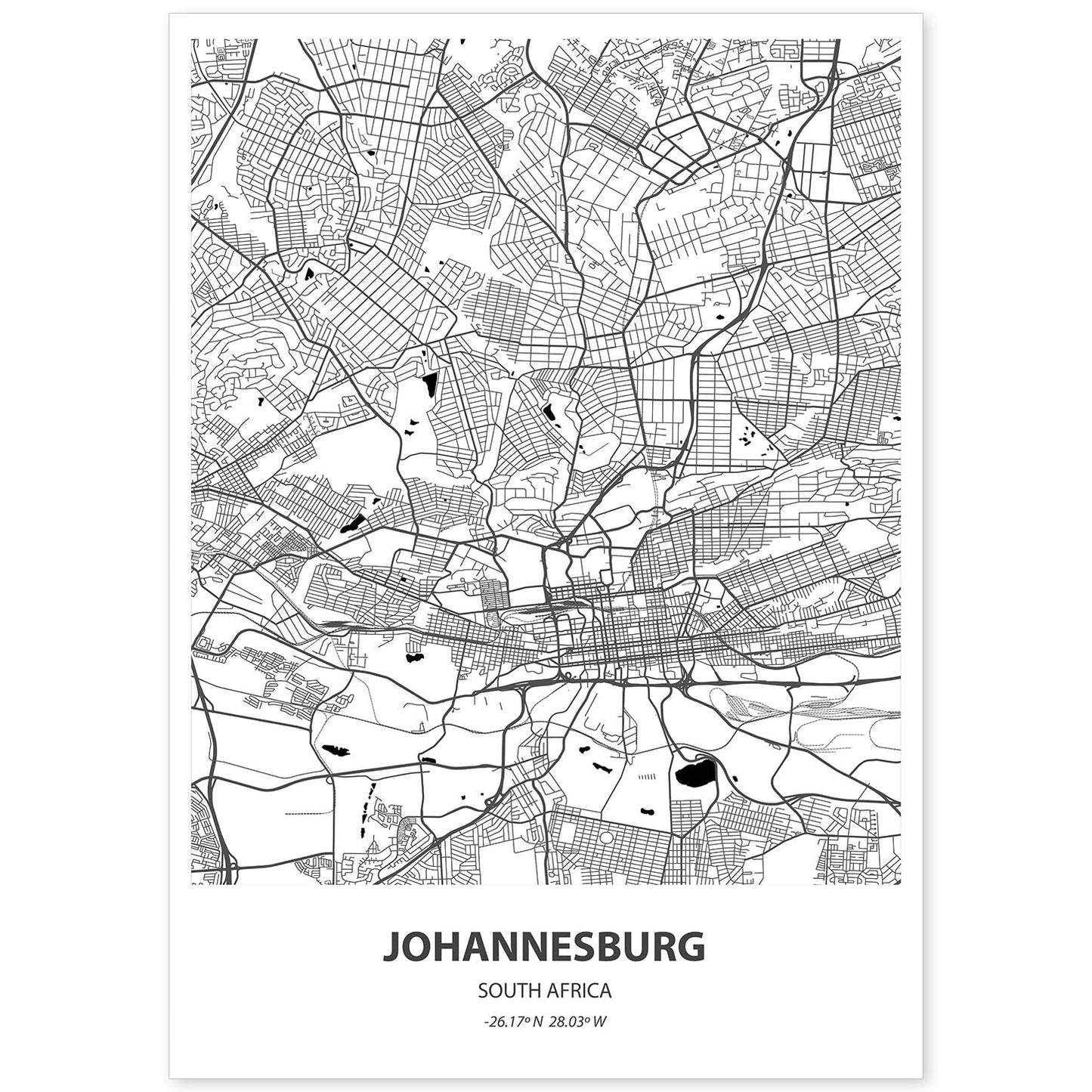 Poster con mapa de Johannesburg - Sudáfrica. Láminas de ciudades de África con mares y ríos en color negro.-Artwork-Nacnic-A4-Sin marco-Nacnic Estudio SL