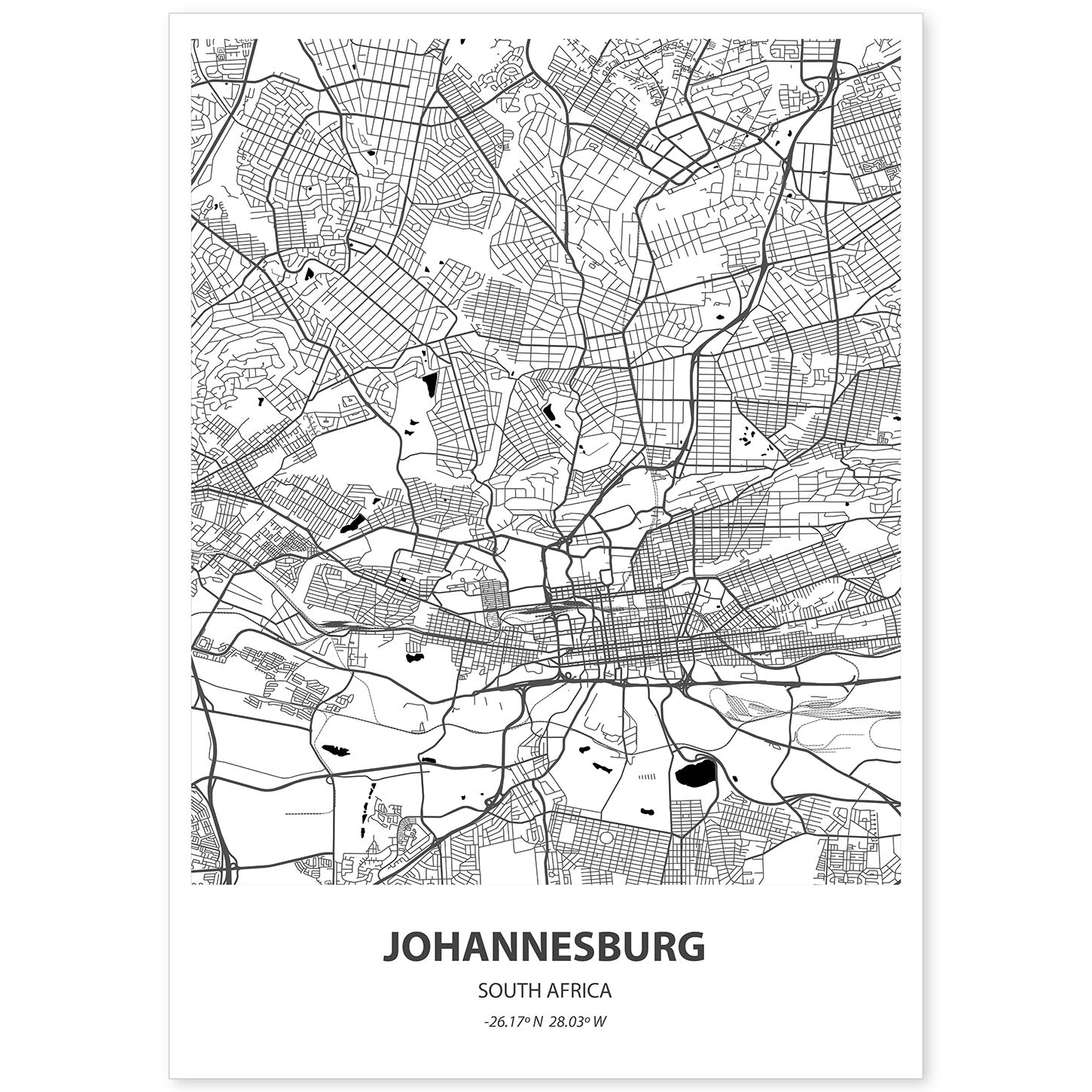 Poster con mapa de Johannesburg - Sudáfrica. Láminas de ciudades de África con mares y ríos en color negro.-Artwork-Nacnic-A4-Sin marco-Nacnic Estudio SL