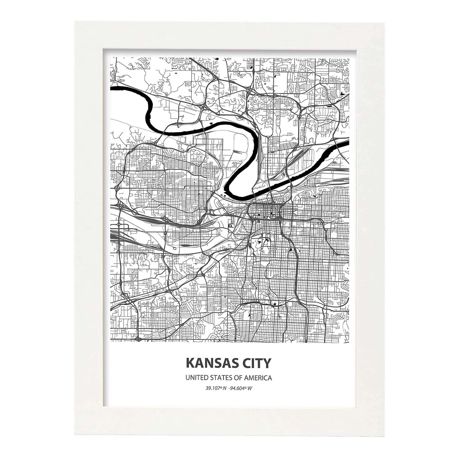 Poster con mapa de Kansas City - USA. Láminas de ciudades de Estados Unidos con mares y ríos en color negro.-Artwork-Nacnic-A3-Marco Blanco-Nacnic Estudio SL