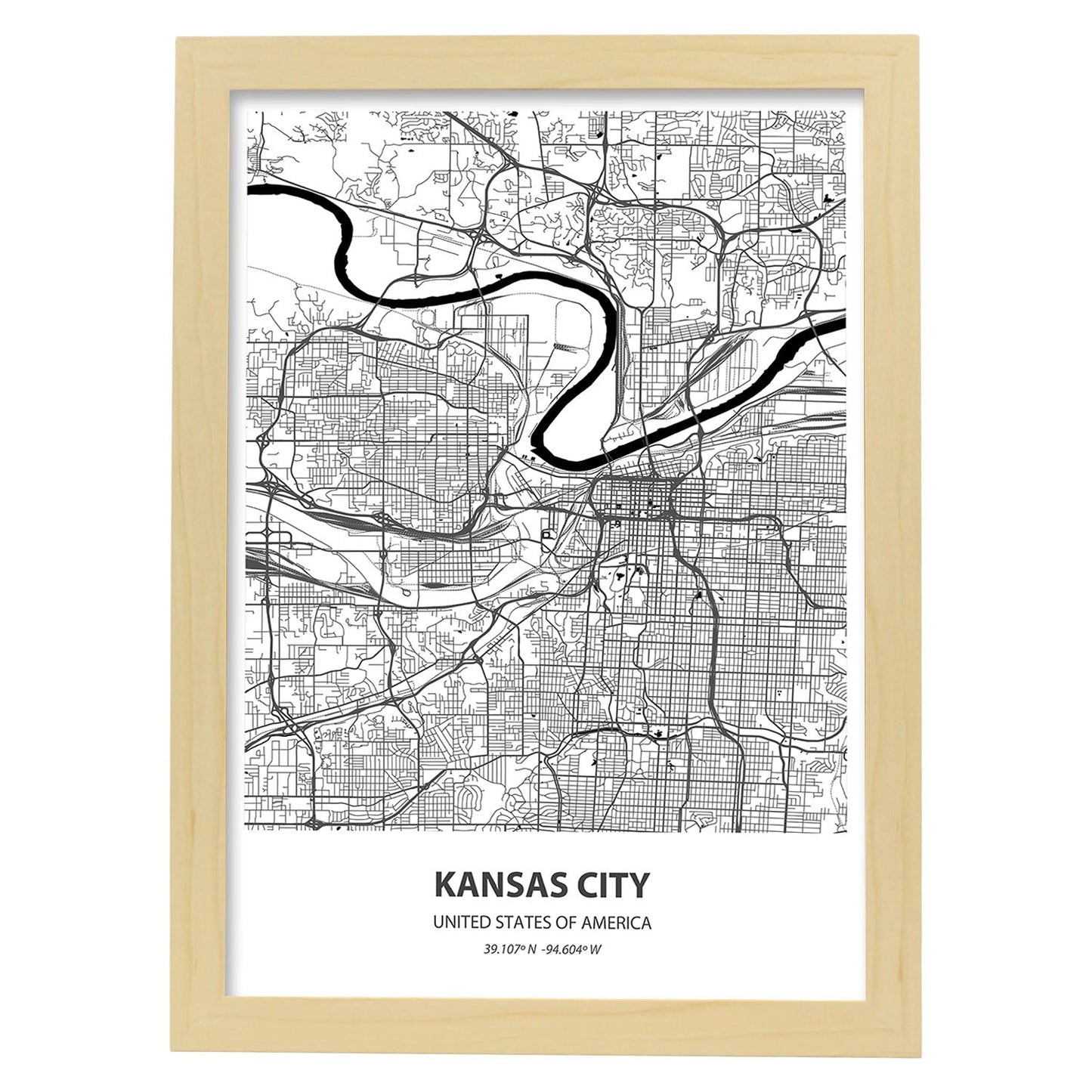 Poster con mapa de Kansas City - USA. Láminas de ciudades de Estados Unidos con mares y ríos en color negro.-Artwork-Nacnic-A3-Marco Madera clara-Nacnic Estudio SL