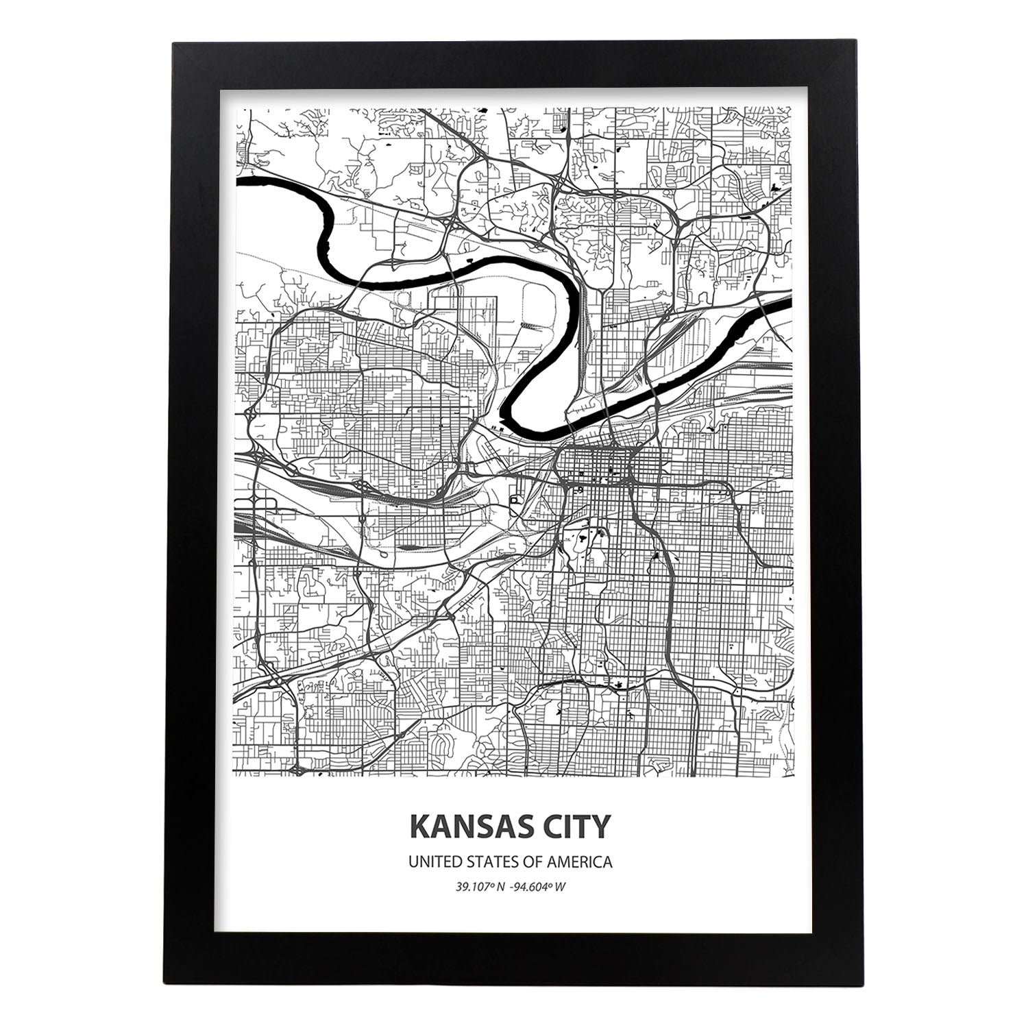 Poster con mapa de Kansas City - USA. Láminas de ciudades de Estados Unidos con mares y ríos en color negro.-Artwork-Nacnic-A3-Marco Negro-Nacnic Estudio SL