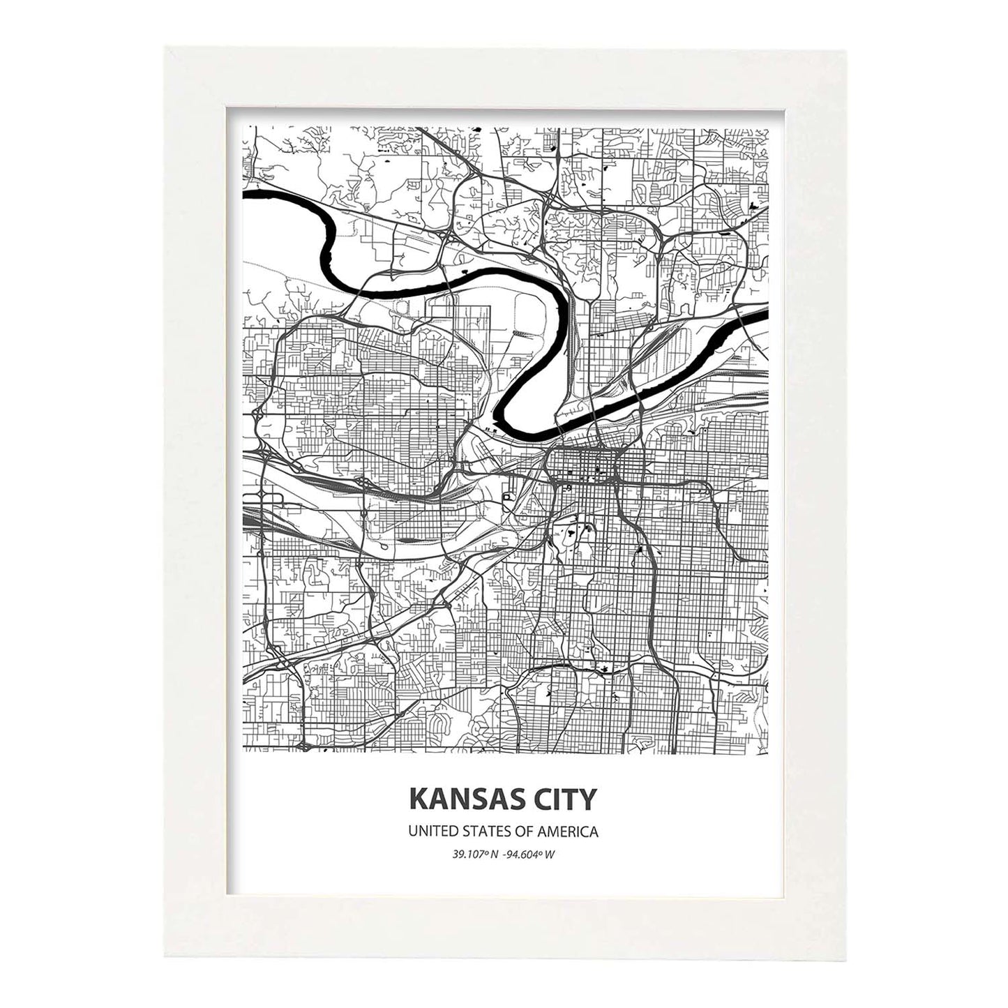 Poster con mapa de Kansas City - USA. Láminas de ciudades de Estados Unidos con mares y ríos en color negro.-Artwork-Nacnic-A4-Marco Blanco-Nacnic Estudio SL