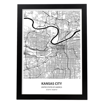 Poster con mapa de Kansas City - USA. Láminas de ciudades de Estados Unidos con mares y ríos en color negro.-Artwork-Nacnic-A4-Marco Negro-Nacnic Estudio SL