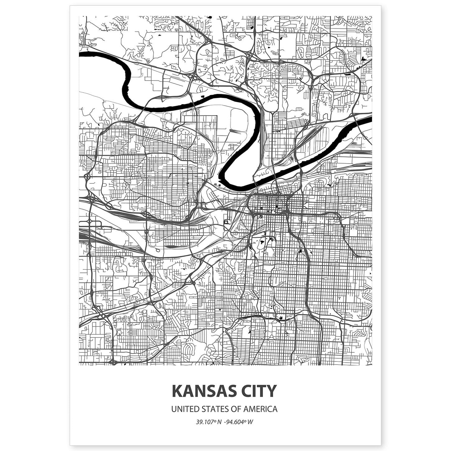 Poster con mapa de Kansas City - USA. Láminas de ciudades de Estados Unidos con mares y ríos en color negro.-Artwork-Nacnic-A4-Sin marco-Nacnic Estudio SL