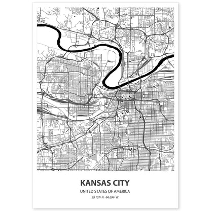 Poster con mapa de Kansas City - USA. Láminas de ciudades de Estados Unidos con mares y ríos en color negro.-Artwork-Nacnic-A4-Sin marco-Nacnic Estudio SL