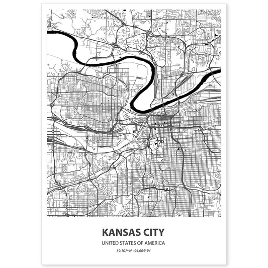 Poster con mapa de Kansas City - USA. Láminas de ciudades de Estados Unidos con mares y ríos en color negro.-Artwork-Nacnic-A4-Sin marco-Nacnic Estudio SL