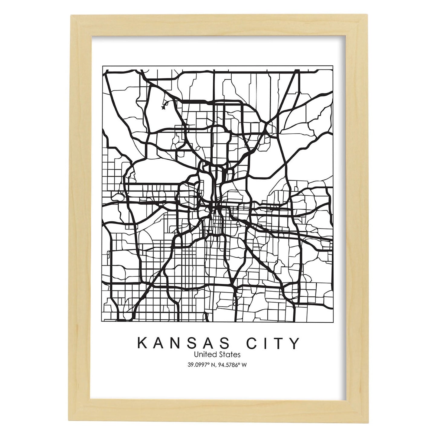 Poster con mapa de Kansas. Lámina de Estados Unidos, con imágenes de mapas y carreteras-Artwork-Nacnic-A3-Marco Madera clara-Nacnic Estudio SL