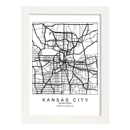 Poster con mapa de Kansas. Lámina de Estados Unidos, con imágenes de mapas y carreteras-Artwork-Nacnic-A4-Marco Blanco-Nacnic Estudio SL