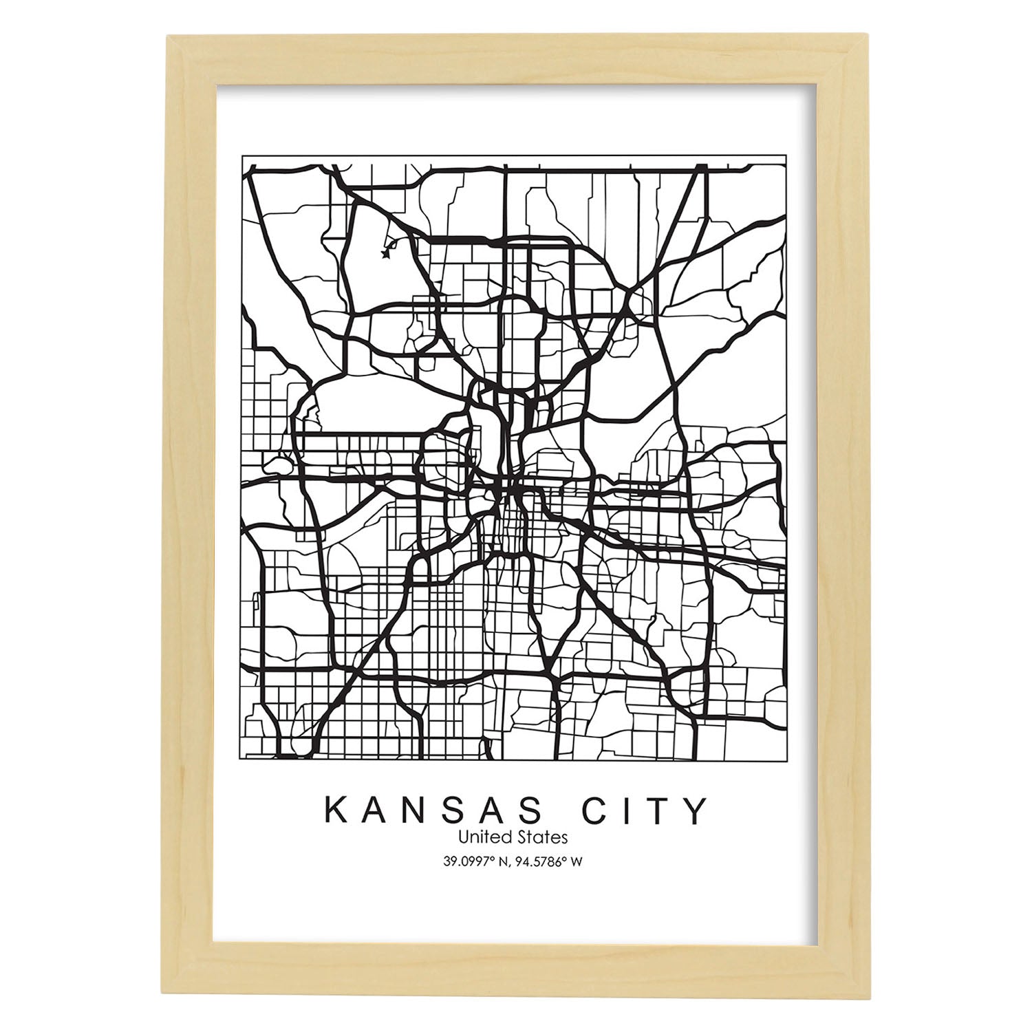 Poster con mapa de Kansas. Lámina de Estados Unidos, con imágenes de mapas y carreteras-Artwork-Nacnic-A4-Marco Madera clara-Nacnic Estudio SL