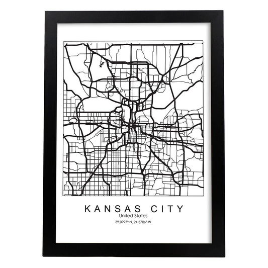Poster con mapa de Kansas. Lámina de Estados Unidos, con imágenes de mapas y carreteras-Artwork-Nacnic-A4-Marco Negro-Nacnic Estudio SL