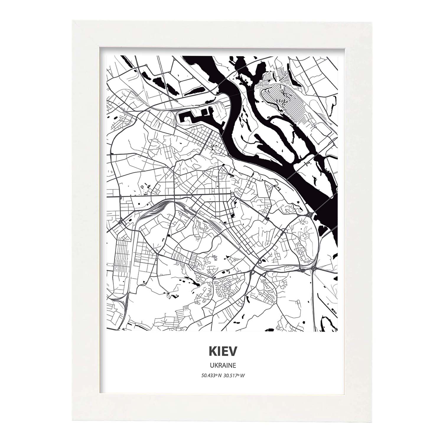 Poster con mapa de Kiev - Ucrania. Láminas de ciudades de Europa con mares y ríos en color negro.-Artwork-Nacnic-A3-Marco Blanco-Nacnic Estudio SL