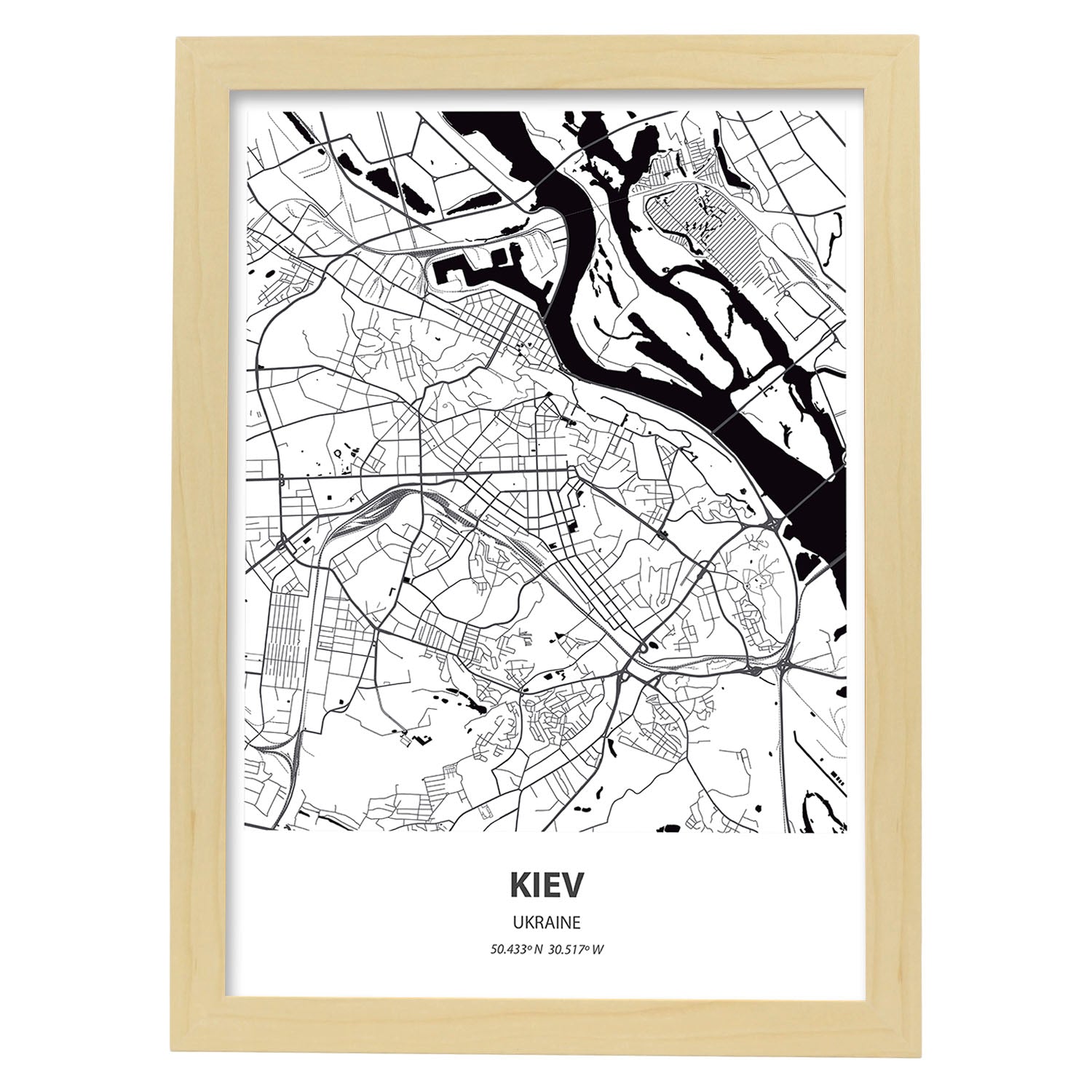 Poster con mapa de Kiev - Ucrania. Láminas de ciudades de Europa con mares y ríos en color negro.-Artwork-Nacnic-A3-Marco Madera clara-Nacnic Estudio SL