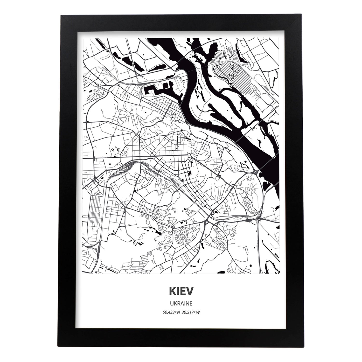 Poster con mapa de Kiev - Ucrania. Láminas de ciudades de Europa con mares y ríos en color negro.-Artwork-Nacnic-A3-Marco Negro-Nacnic Estudio SL