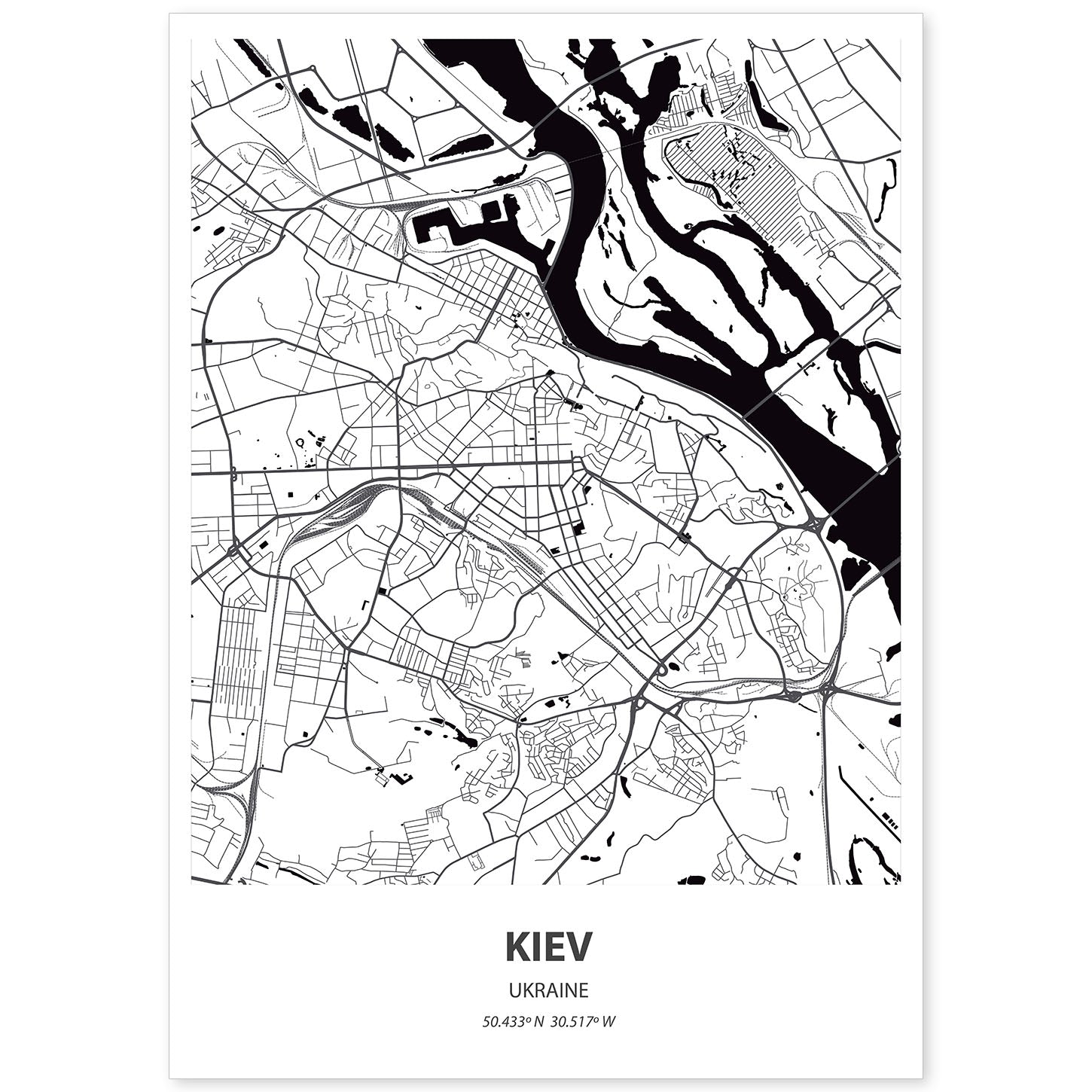 Poster con mapa de Kiev - Ucrania. Láminas de ciudades de Europa con mares y ríos en color negro.-Artwork-Nacnic-A4-Sin marco-Nacnic Estudio SL