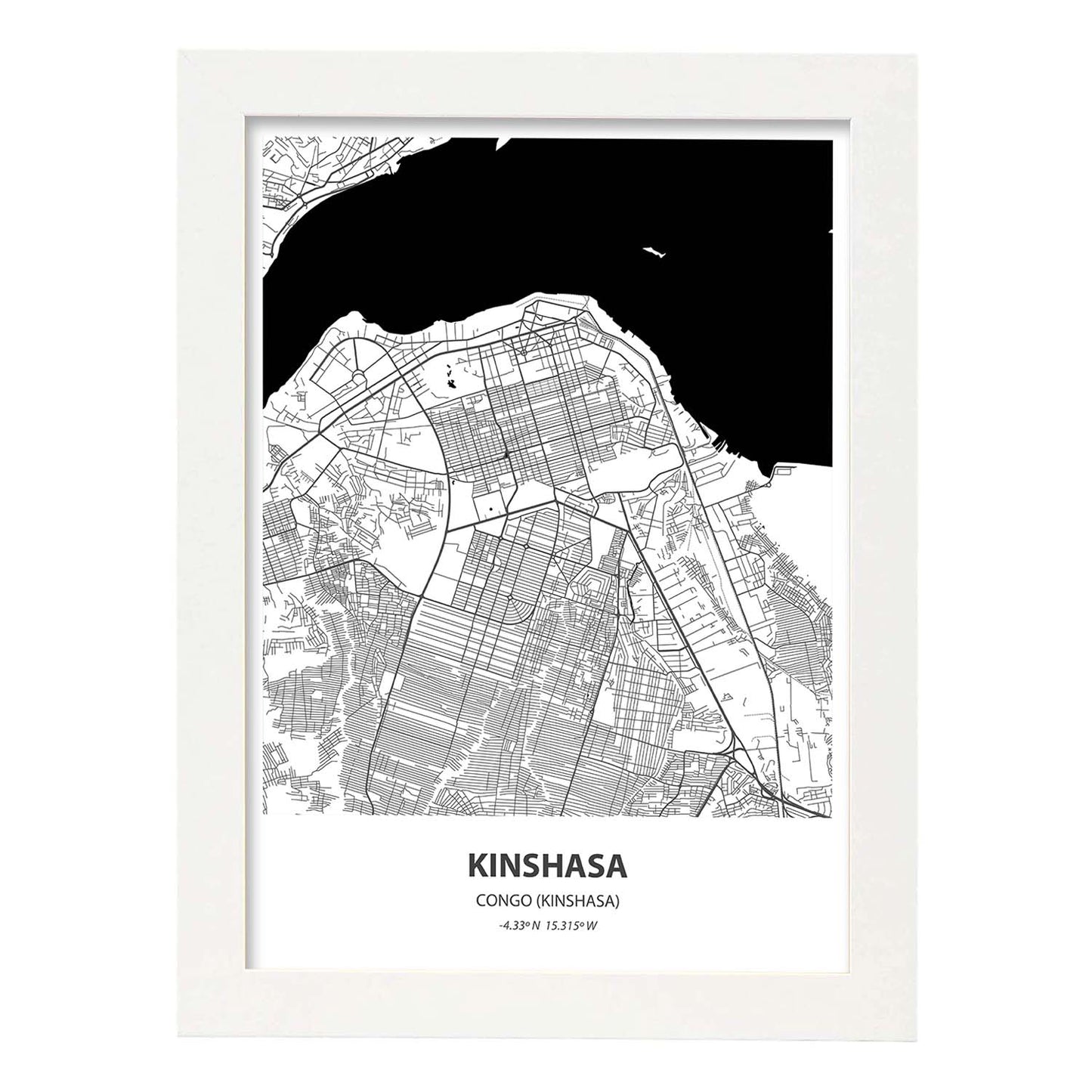 Poster con mapa de Kinshasa - Congo. Láminas de ciudades de África con mares y ríos en color negro.-Artwork-Nacnic-A3-Marco Blanco-Nacnic Estudio SL
