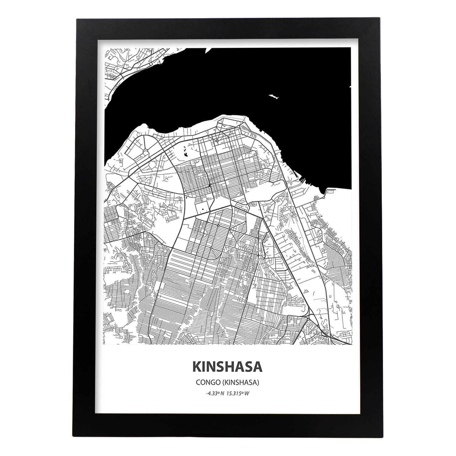 Poster con mapa de Kinshasa - Congo. Láminas de ciudades de África con mares y ríos en color negro.-Artwork-Nacnic-A3-Marco Negro-Nacnic Estudio SL