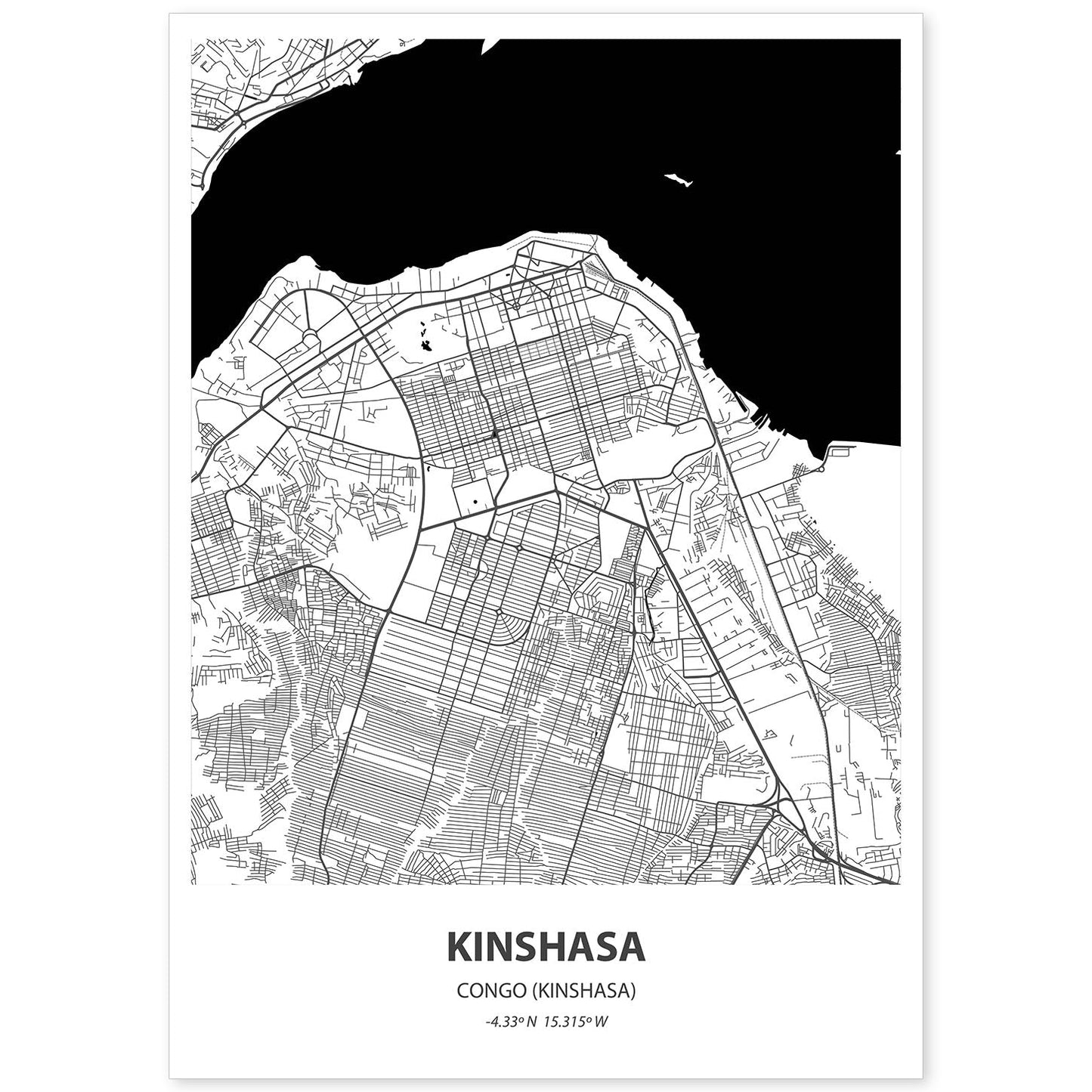 Poster con mapa de Kinshasa - Congo. Láminas de ciudades de África con mares y ríos en color negro.-Artwork-Nacnic-A4-Sin marco-Nacnic Estudio SL