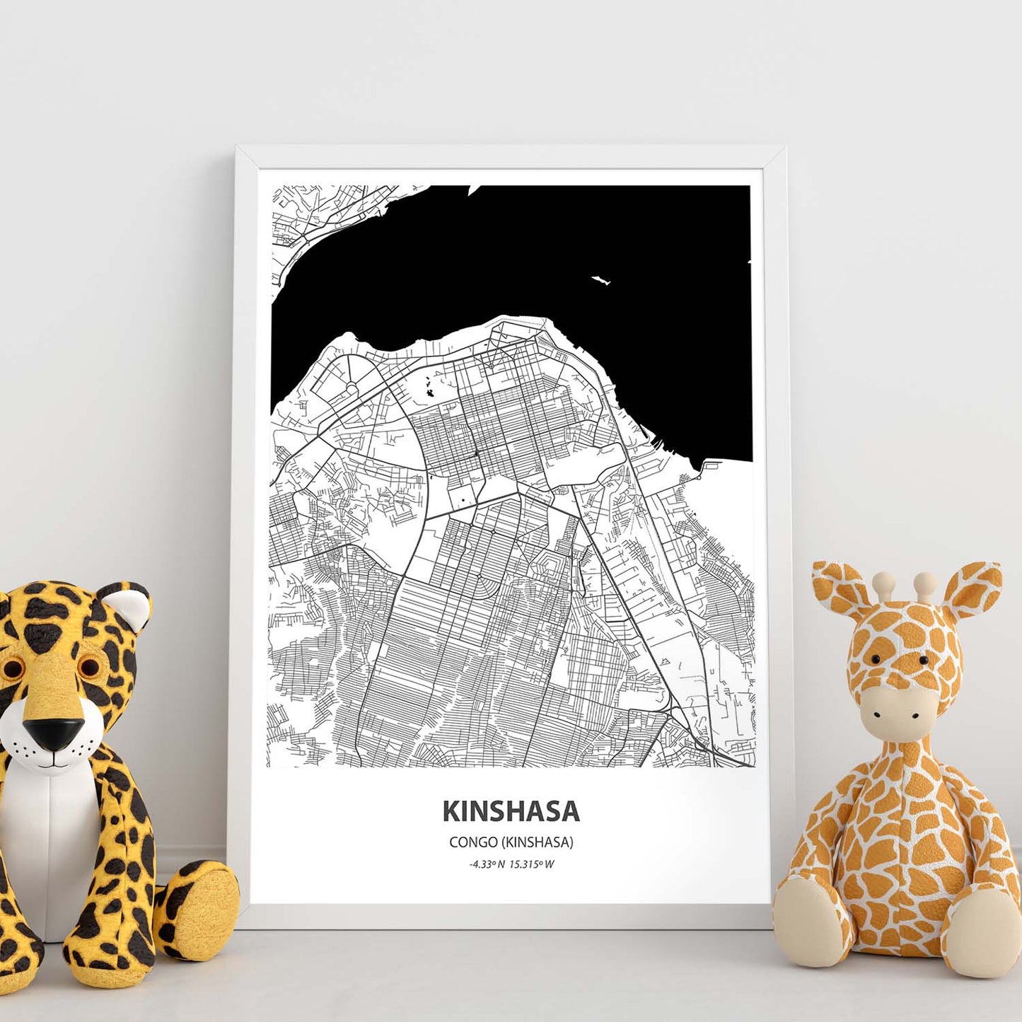 Poster con mapa de Kinshasa - Congo. Láminas de ciudades de África con mares y ríos en color negro.-Artwork-Nacnic-Nacnic Estudio SL