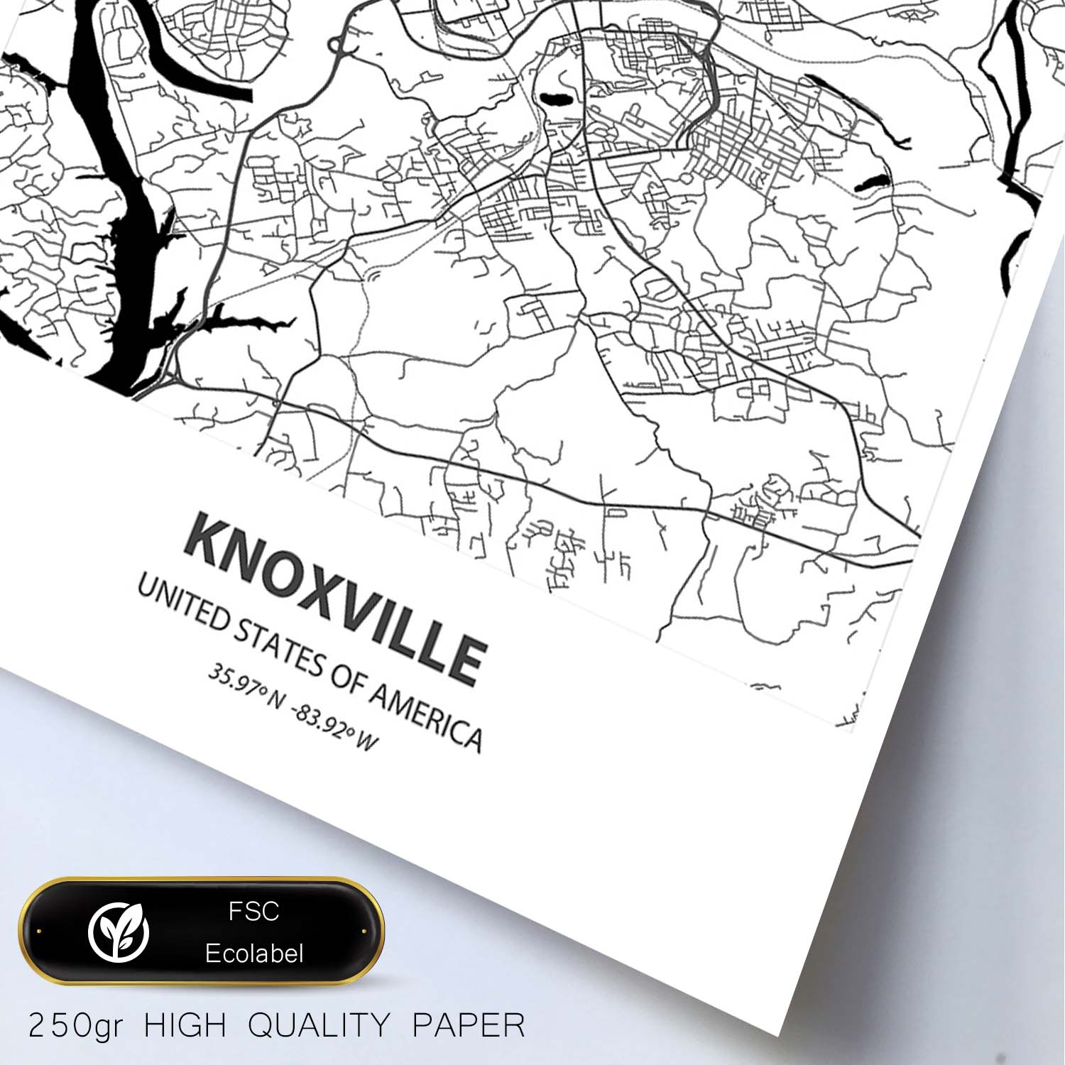 Poster con mapa de Knoxville - USA. Láminas de ciudades de Estados Unidos con mares y ríos en color negro.-Artwork-Nacnic-Nacnic Estudio SL