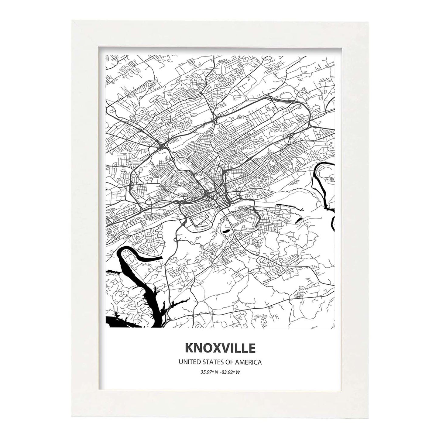 Poster con mapa de Knoxville - USA. Láminas de ciudades de Estados Unidos con mares y ríos en color negro.-Artwork-Nacnic-A3-Marco Blanco-Nacnic Estudio SL