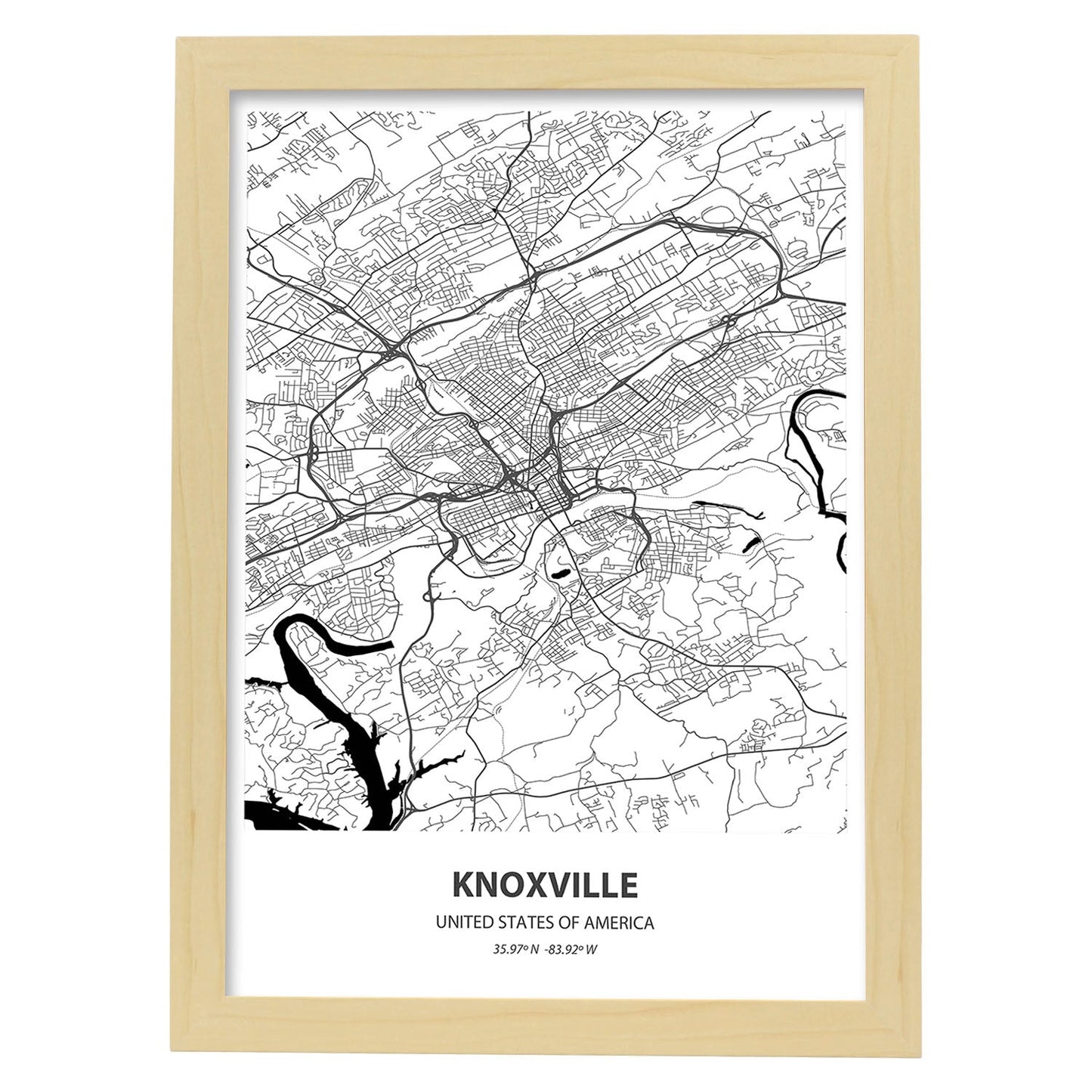 Poster con mapa de Knoxville - USA. Láminas de ciudades de Estados Unidos con mares y ríos en color negro.-Artwork-Nacnic-A3-Marco Madera clara-Nacnic Estudio SL