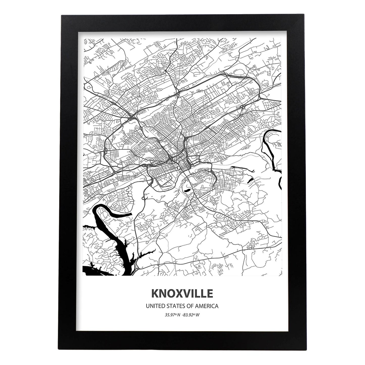 Poster con mapa de Knoxville - USA. Láminas de ciudades de Estados Unidos con mares y ríos en color negro.-Artwork-Nacnic-A3-Marco Negro-Nacnic Estudio SL