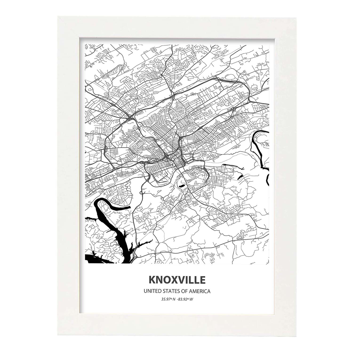 Poster con mapa de Knoxville - USA. Láminas de ciudades de Estados Unidos con mares y ríos en color negro.-Artwork-Nacnic-A4-Marco Blanco-Nacnic Estudio SL