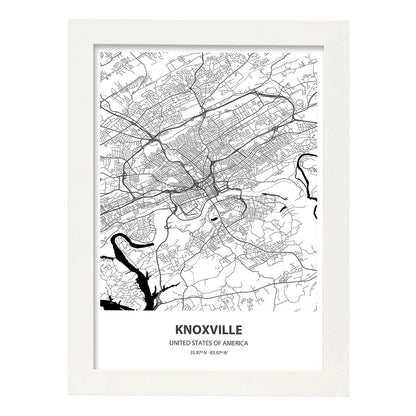 Poster con mapa de Knoxville - USA. Láminas de ciudades de Estados Unidos con mares y ríos en color negro.-Artwork-Nacnic-A4-Marco Blanco-Nacnic Estudio SL