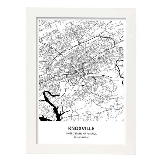 Poster con mapa de Knoxville - USA. Láminas de ciudades de Estados Unidos con mares y ríos en color negro.-Artwork-Nacnic-A4-Marco Blanco-Nacnic Estudio SL