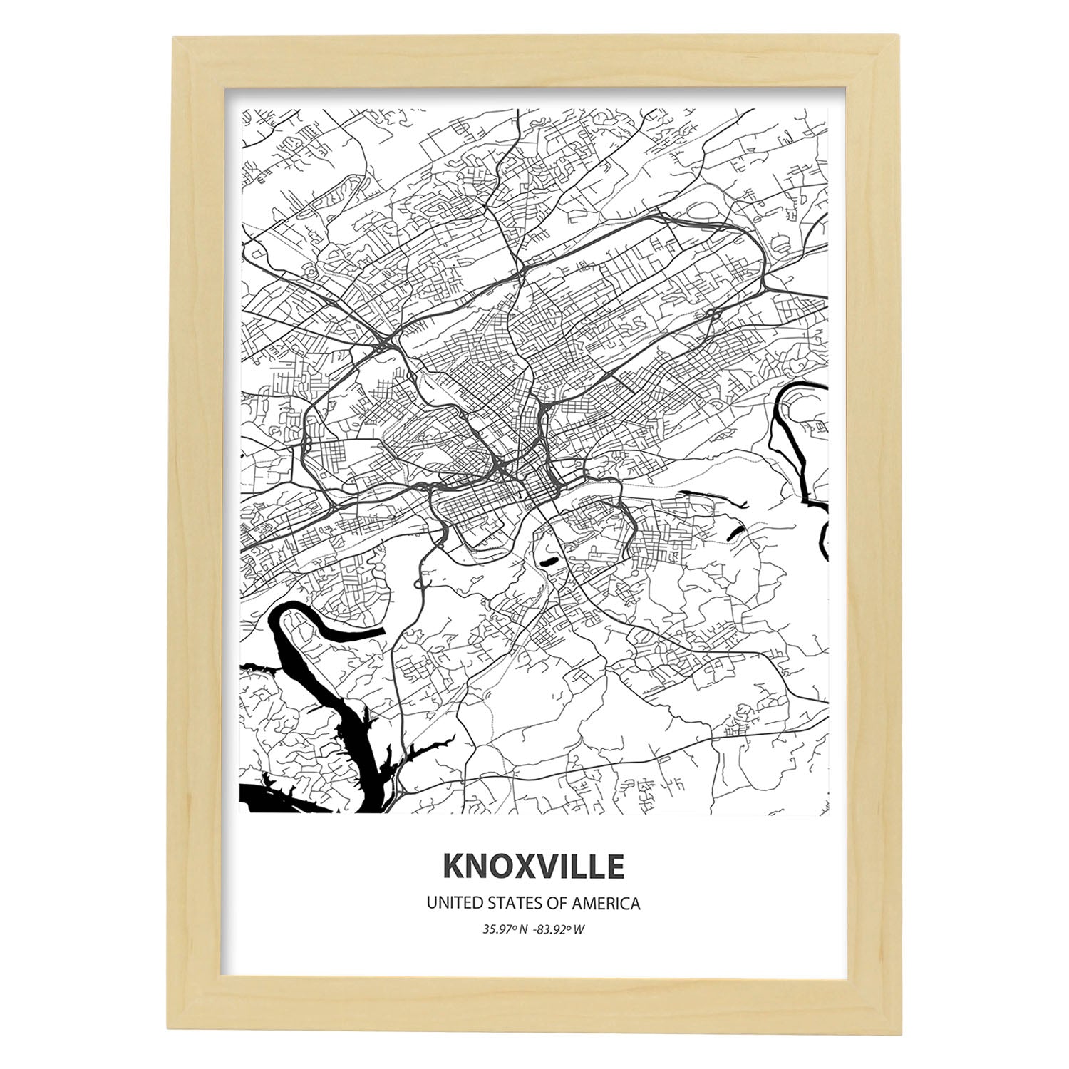 Poster con mapa de Knoxville - USA. Láminas de ciudades de Estados Unidos con mares y ríos en color negro.-Artwork-Nacnic-A4-Marco Madera clara-Nacnic Estudio SL