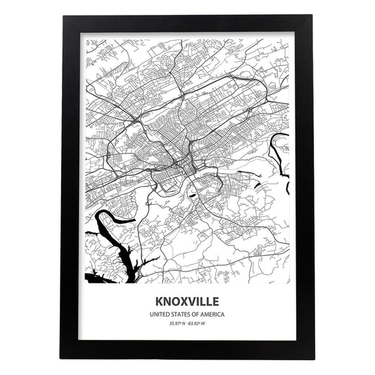 Poster con mapa de Knoxville - USA. Láminas de ciudades de Estados Unidos con mares y ríos en color negro.-Artwork-Nacnic-A4-Marco Negro-Nacnic Estudio SL