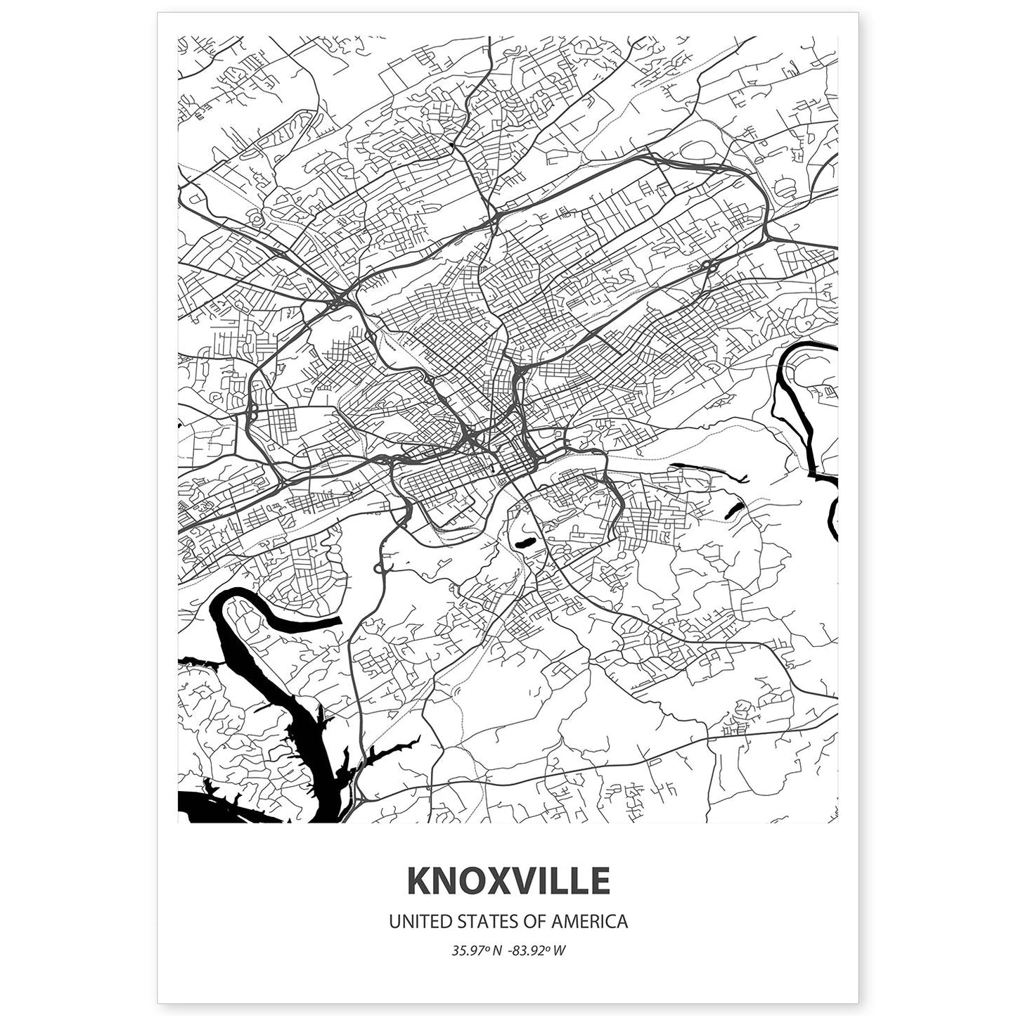 Poster con mapa de Knoxville - USA. Láminas de ciudades de Estados Unidos con mares y ríos en color negro.-Artwork-Nacnic-A4-Sin marco-Nacnic Estudio SL